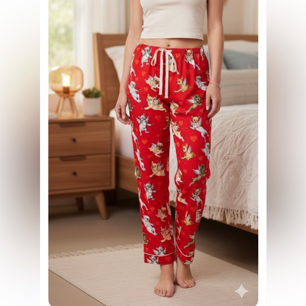 The Cat's Pajamas Women's Puppy Love Cotton Poplin Pajama Pant in Red